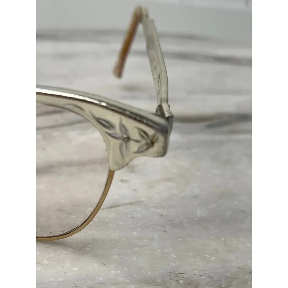 Cat Eye Glasses Art-Craft Gold Aluminum Browline Etched Floral 50s USA Vintage